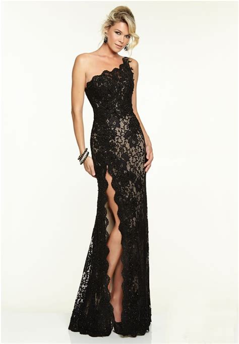 Sexy One Shoulder High Slit Long Black Lace Beaded Prom Dress