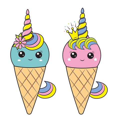 Unicorn Ice Cream Kawaii Dessert In A Waffle Cup Color Vector