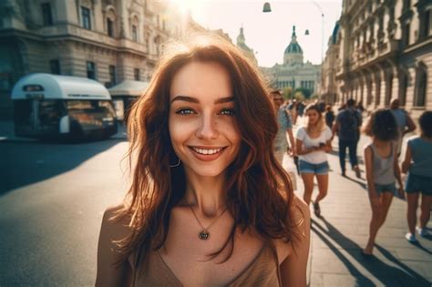 Une Fille Avec Un Sourire Sur Son Visage Marche Devant Une Foule De