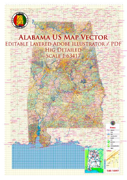 Alabama State Us Pdf Map Vector Exact Roads Plan High Detailed Street Map Counties Zipcodes