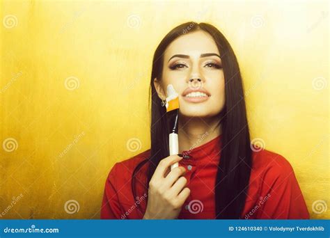 Pretty Brunette Woman Face With Artist Or Makeup Brush Stock Photo Image Of Fashion Cosmetic