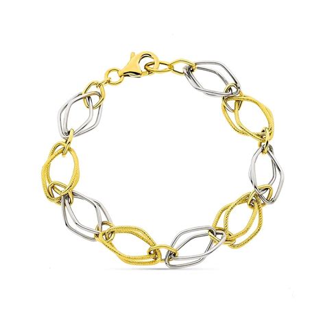 Pulsera Oro Bicolor 18k Mujer 20 Cm Eslabones Ovalados Combinados