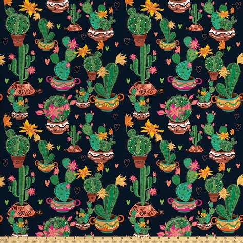 Cactus Print Fabric by the Yard, Colorful Layout of Different Shapes of ...