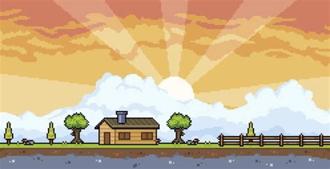 Paisaje De Casa De Campo De Pixel Art Con Fondo De Puesta De Sol Y