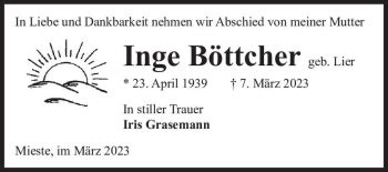 Traueranzeigen Von Inge B Ttcher Geb Lier Abschied Nehmen De