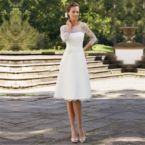 2015 Elegant White Lace Wedding Dresses Knee Length 3 4 Sleeve Wedding