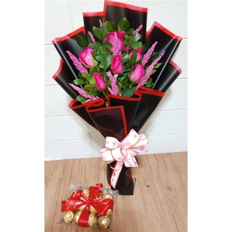 Buy 6pcs Pink Roses Bouquet With 12 Ferrero Rocher To Philippines