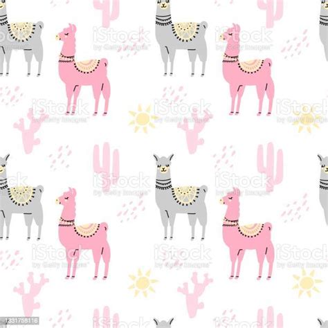 Cute Colorful Lamas Seamless Pattern With Sun Cactus Isolated On White