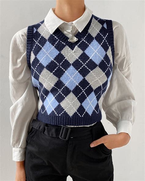 Plaid Vintage Argyle Cropped Sweater Vest Blue S In Sweater Vest