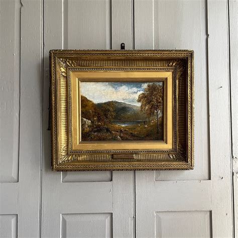 Antique Victorian Landscape Oil Painting With Sheep By Lake By George