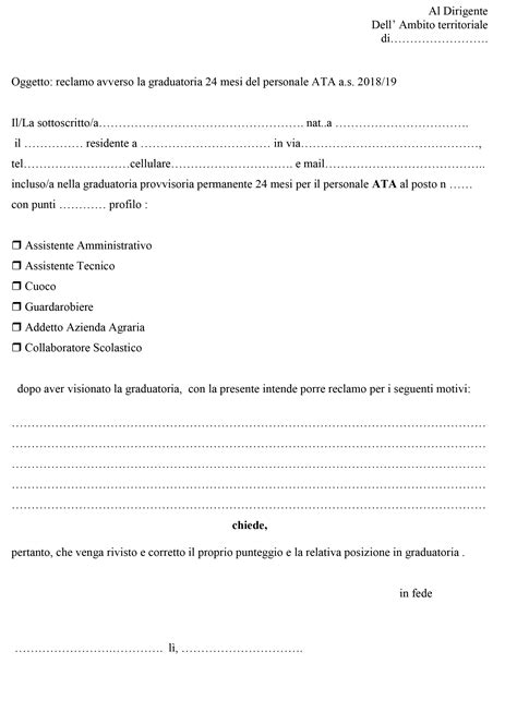 Modello Reclamo Avverso La Graduatoria 24 Mesi Del Personale ATA A S