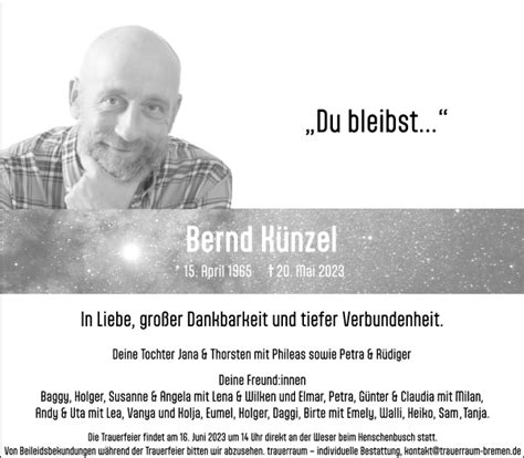 Traueranzeigen von Bernd Künzel Trauer Gedenken