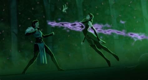 Two Animated Women Standing Next To Each Other In Front Of Green And Purple Lights On Trees