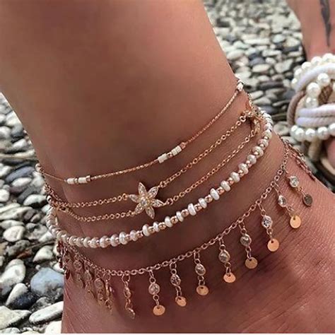 Tocona Boho Flower Starfish Water Drop Shape Crystal Multilayer Anklet