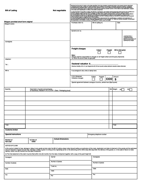 Printable Bill Of Lading Template