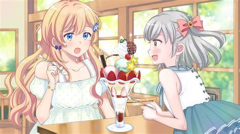 2girls Aqua Eyes Blonde Hair Blush Bow Brown Eyes Dress Food Fruit Gray