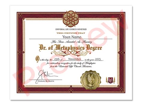 Honorary Metaphysics Certificate Universal Life Church Monastery