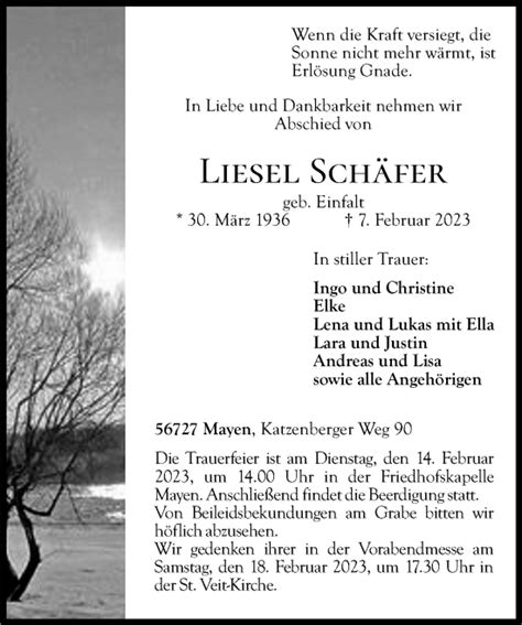 Traueranzeigen von Liesel Schäfer rz trauer de