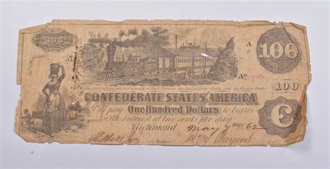 CIVIL WAR 1862 100 Confederate States Of America Note Property Room