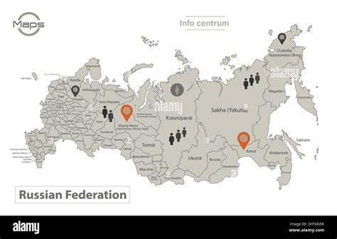 Mapa de Rusia regiones individuales con nombres infografía e iconos