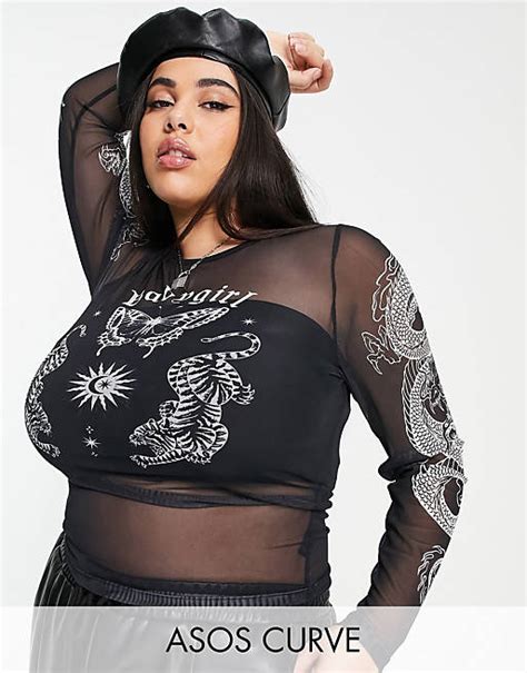 Asos Design Curve Langärmliges Oberteil Aus Netzstoff In Schwarz Weiß