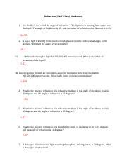 Refraction Snell S Law Worksheet Docx Refraction Snell S Law