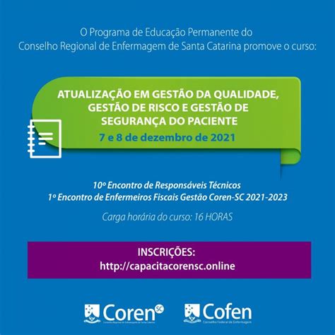 Coren SC e Cofen promovem capacitação online nos dias 7 e 8 Coren SC