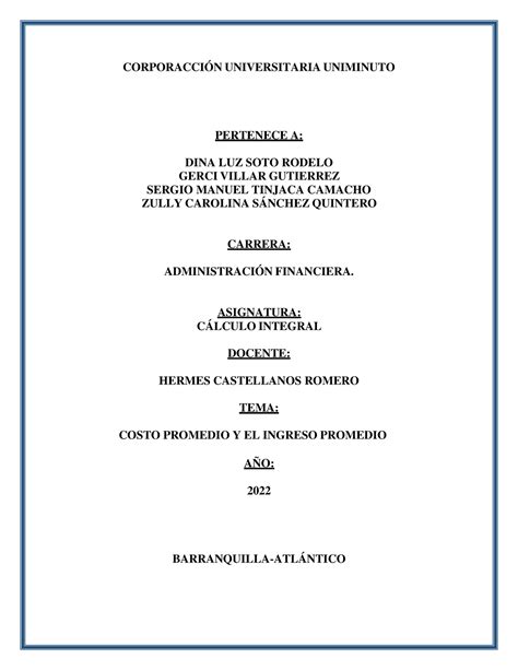 Costo Promedio Y EL Ingreso Promedio Calculo Integral CORPORACCIÓN