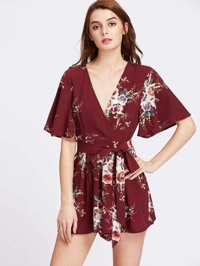 Flutter Sleeve Surplice Front Pleated Belted Playsuit Shein Sheinside