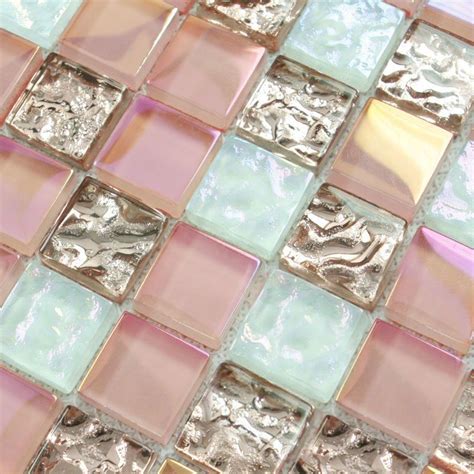 Crystal Glass Tile Sheets Square Iridescent Mosaic Metal Electroplated