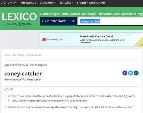 Partial article of the lemma sign coney-catcher in Lexico | Download ...