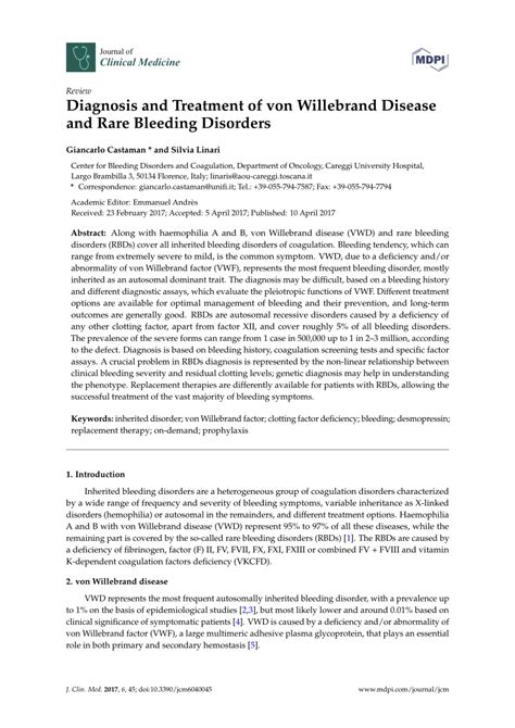 Pdf Diagnosis And Treatment Of Von Willebrand Disease And Rare Bleeding Disorders