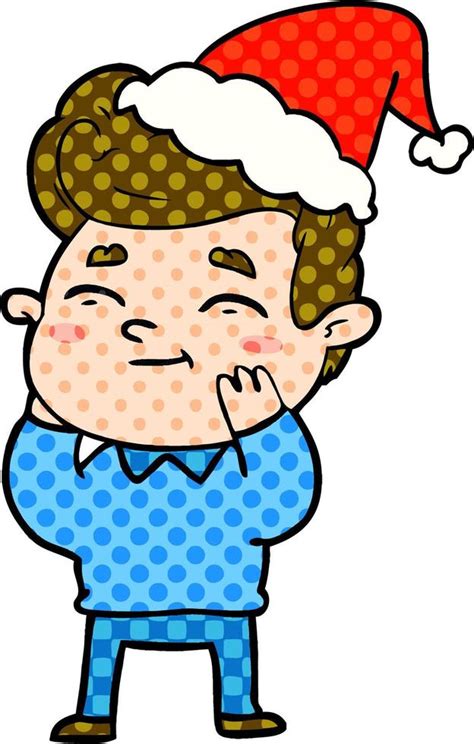 Happy Comic Book Style Illustration Of A Man Wearing Santa Hat