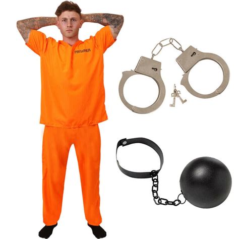 Mens Prisoner Costume Orange Top Trousers Convict Halloween Fancy Dress