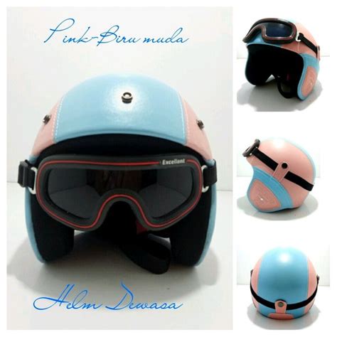 Jual Helm Bogo Retro Kulit Klasik SNI Pink Biru Muda Kacamata Di Lapak