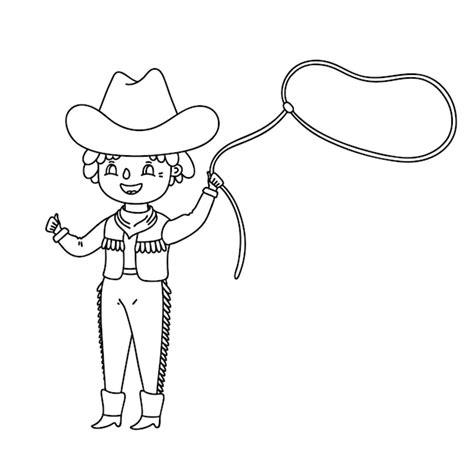 Cowboy Kid Twirling Een Lasso Vector Schets Illustratie Voor Kinderen