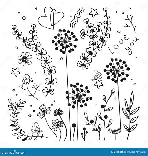 Black Silhouettes Of Grass Flowers Herbs And Hearts Isolated On White Background Hand Drawn