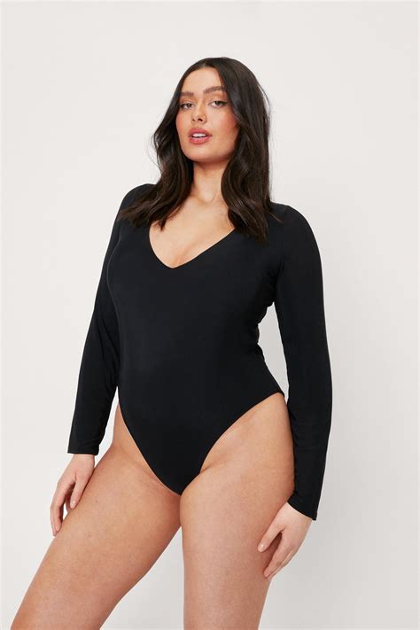 Plus Size V Neck Slinky High Leg Bodysuit Nasty Gal