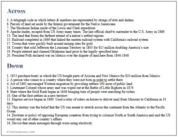 US History Westward Expansion Crossword Puzzle Activity Worksheet