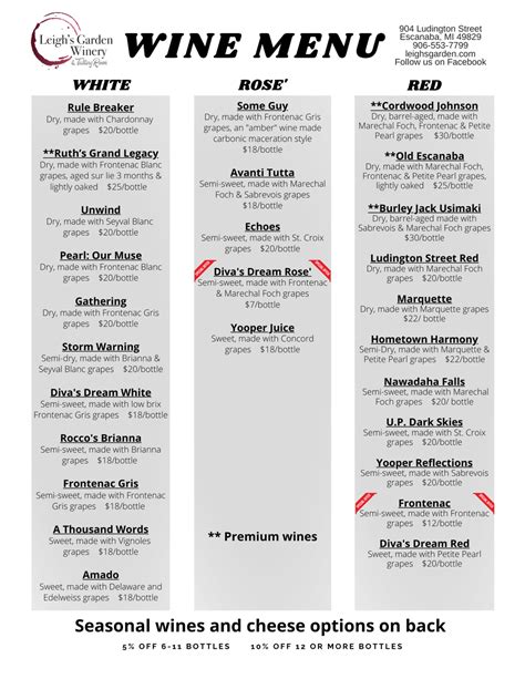 Wine List Tasting Options Leigh S Garden Winery