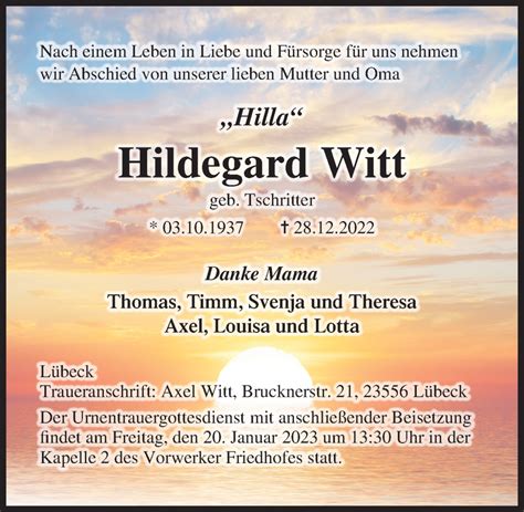 Traueranzeigen Von Hildegard Witt Trauer Anzeigen De