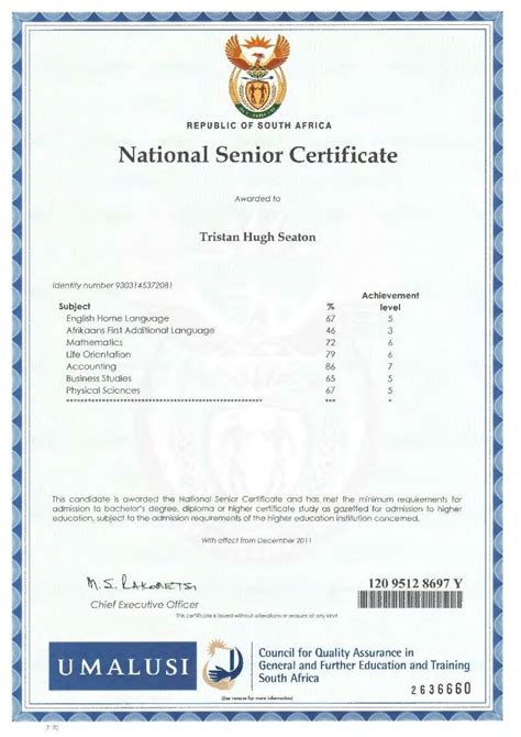 National Senior Certificate Awarded To Tristan Hugh Seaton Identity