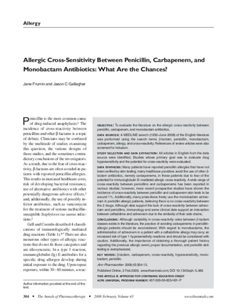 Pdf Allergic Cross Sensitivity Between Penicillin Carbapenem And Monobactam Antibiotics