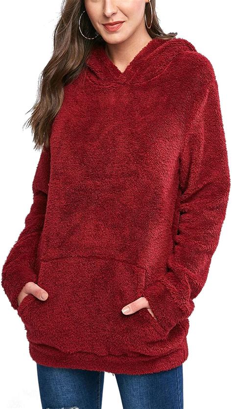 Womens Half Zip Up Warm Fuzzy Fleece Pullover Tops With Pocket For Winter S Red Wine Buy Online