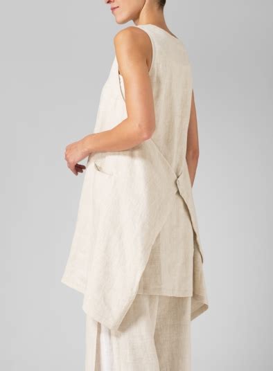 Linen Sleeveless Asymmetric Hem Oat Tunic Set Plus Size