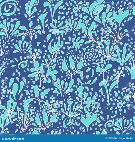 Floral Seamless Pattern Of Doodle Leaves And Twigs On Blue Stock