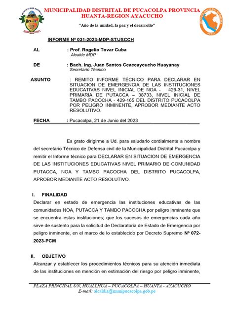 Informe Tecnico 031 Pdc Declaratoria De Emergencia Pdf Riesgo