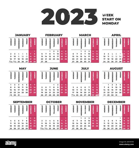 Calendar Template With Weeks Start On Monday Stock Vector Image