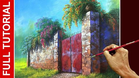 Tutorial Acrylic Landscape Painting Red Gate With Flowers