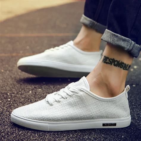 White Canvas Shoes Men New Summer Lace Up Breathable Hemp